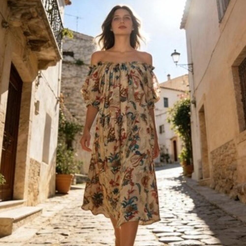 Zara NWT Baroque Floral Ramie Off Shoulder Puff Sleeve Dress Size L